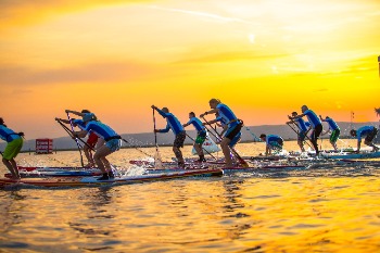 Stand-Up-Paddle, Sonnenuntergang, Surfboard