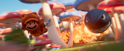 Mario mit Tanuki-Powerup flieht vor dem Kugelwilli in der finalen Szene des Super Mario Bros. Films