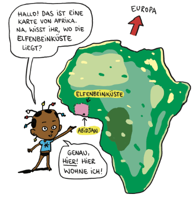 Ein junges, schwarzes Mädchen steht neben einer Zeichnung des Kontinents Afrika. SIe fragt, ob du weißt wo die Elfenbeinküste liegt.