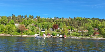 Blick auf das Ufer des Oslofjords ein paar Häuser, Boote und Bäume bei einer Bootstour vom Wasser aus