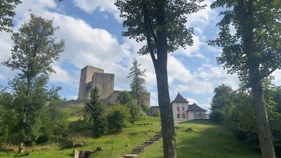 Blick einen sanften grünen Hügel hinauf zum wuchtigen romanischen Bergfried der Ruine Landstein, tschechisch Landštejn nahe der tschechischen-österreichischen Grenze.