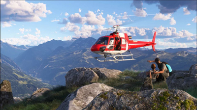 Ein Hubschrauber landet in Microsoft Flight Simulator 2024 auf einem Berg