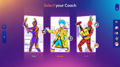 Screenshot aus dem Spiel Just Dance 2025. Wir befinden uns in der Lobby, wo man sich für einen Coach entscheiden kann.