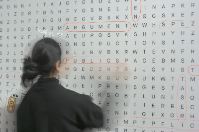 Frau vor einer Wand sucht Wörter in vielen Buchstaben in der Ausstellung Blockchained:Unchained im MAK