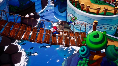 Mario läuft und Luigi springt auf einer Hängebrücke über einem Wassergraben im Spiel Brothership.