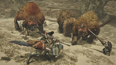 Mehrere Jäger greifen eine Horde von Bären in der Wüste von Monster Hunter Wilds an