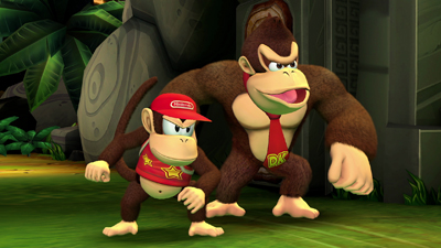 Donkey Kong und Diddy Kong posieren in einem Boss-Level von Donkey Kong Country Returns HD