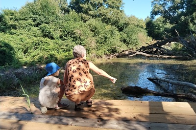 Oma und Enkerl vor der Blick Box auf der Schlossinsel in ORTH.